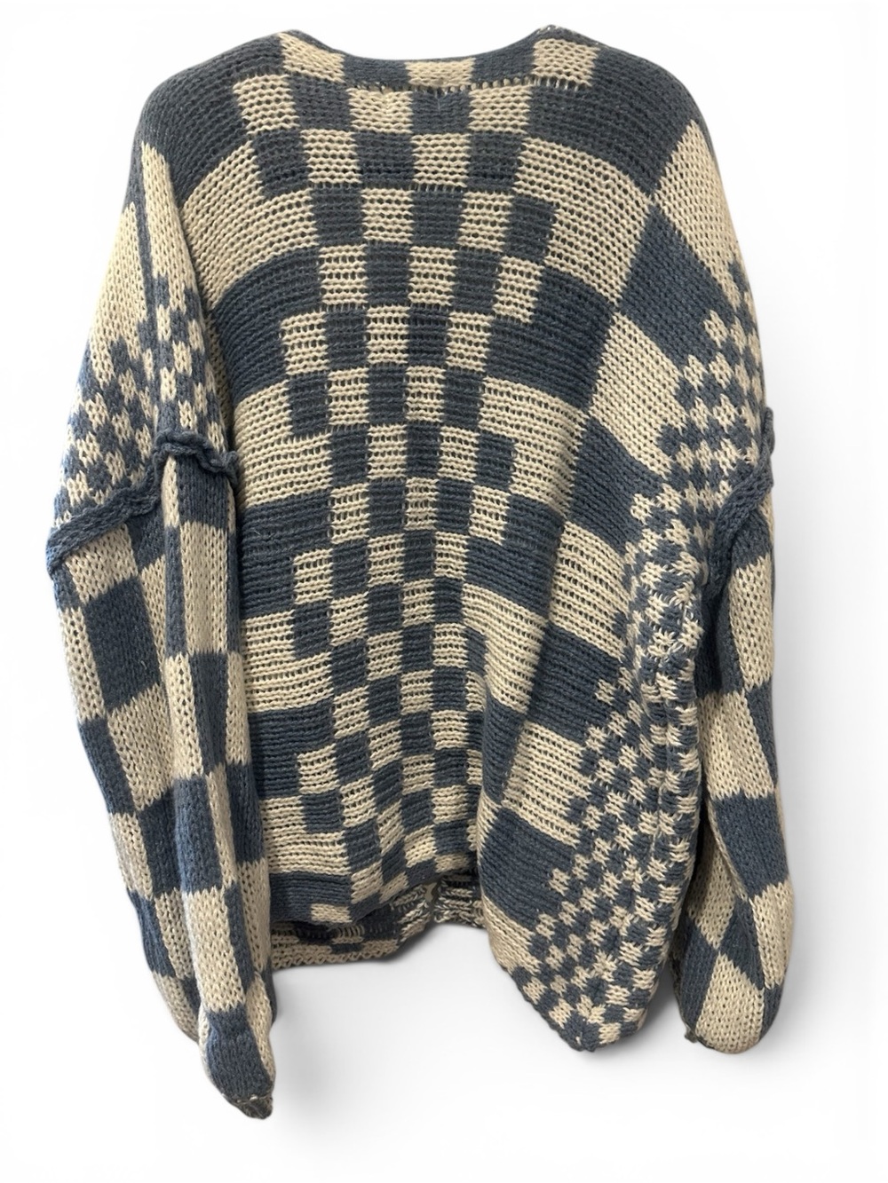 BiBi Blue and Cream Checkerboard Open-Front Cardigan Lg - Picture 3 of 5